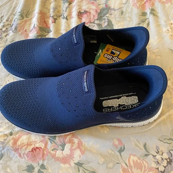 Skechers Blue Slip-On Sneakers with tiny rhinestones on top, and back. - Picture 5 of 6